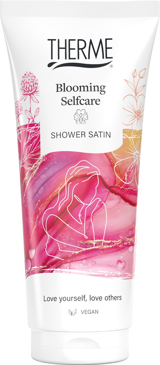 Therme Blooming Selfcare Shower Satin 200ml bottle, creamy body wash with floral scent, designed for smooth, nourishing skin.
