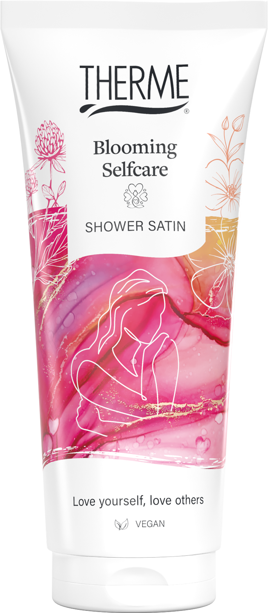 Therme Blooming Selfcare Shower Satin 200ml bottle with floral design, body care product for soothing shower experience.