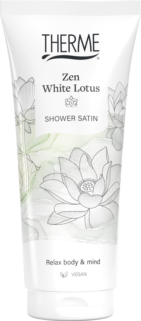 Therme Zen White Lotus shower satin bottle, 200ml, for outer care, featuring a white lotus design and sleek packaging.