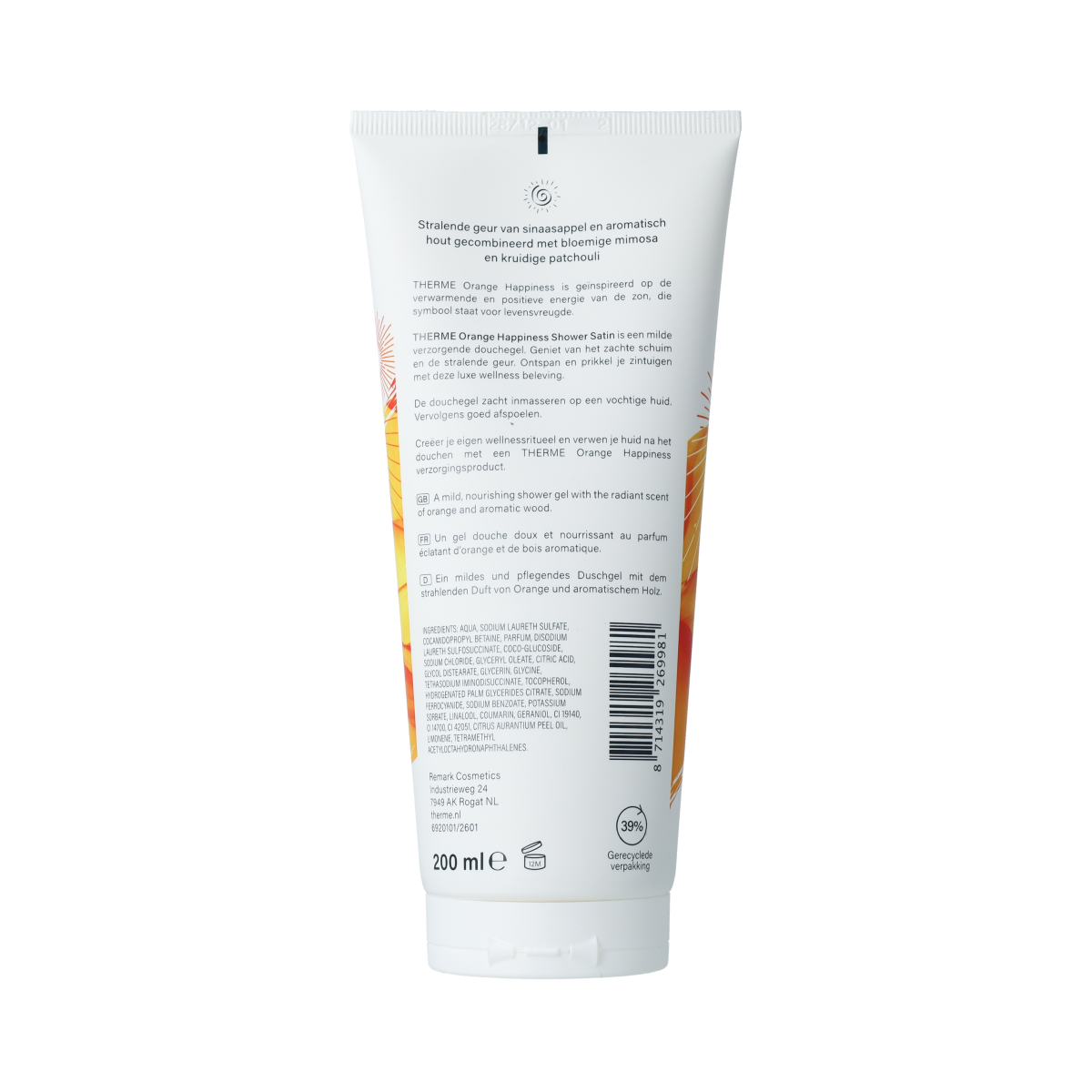 Therme Orange Happiness Shower Satin 200ml, orange-scented shower gel bottle