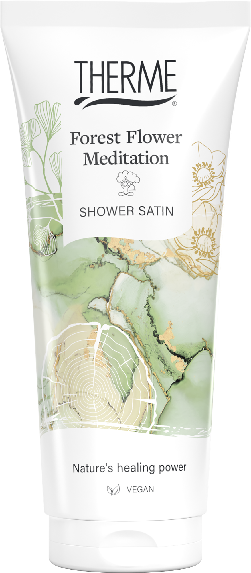 Therme Forest Flower Meditation Shower Satin bottle, 200ml, soothing body care product with floral scent, for relaxing shower experience.