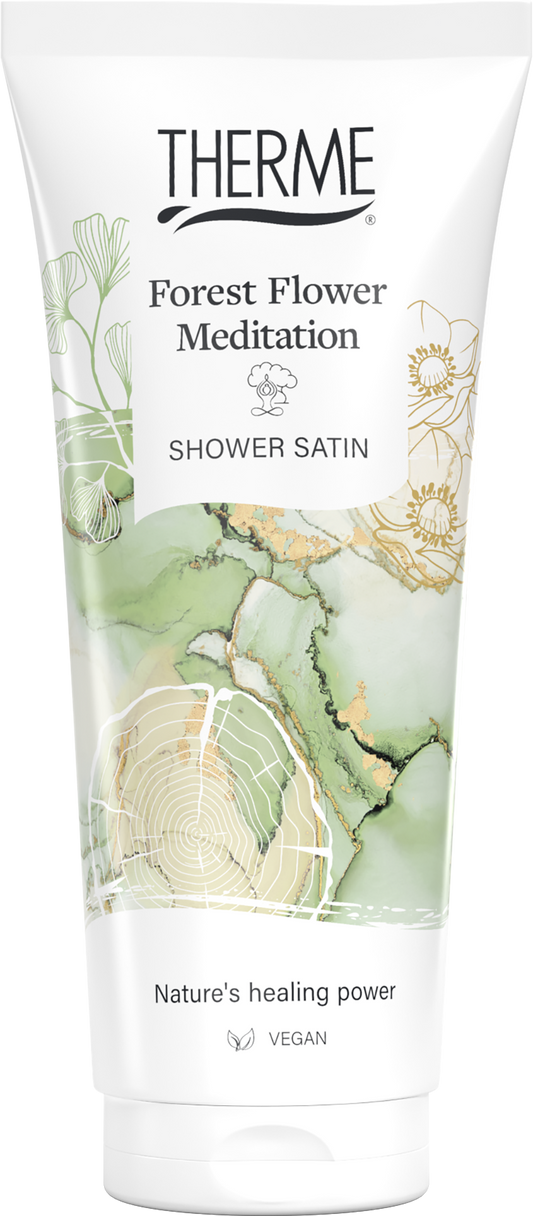 Therme Forest Flower Meditation Shower Satin bottle, 200ml, soothing body care product with floral scent, for relaxing shower experience.