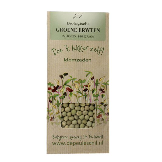Organic green peas from Peuleschil in 140g package, fresh and vibrant, suitable for cooking or snacking.