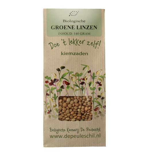 Organic green lentils from Peuleschil in a 140g package, displayed with fresh vegetables and potatoes.