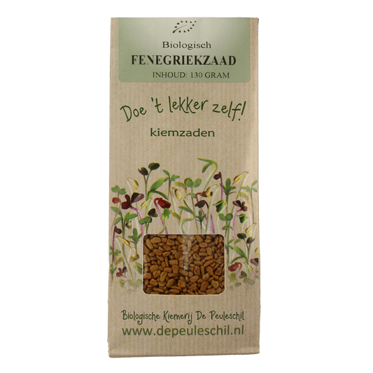Organic Fenegriek (Fenugreek) sprout seeds by Peuleschil in a 130g package, shown in a clear seed packet.