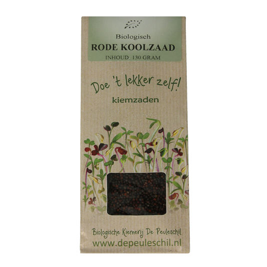 Raw red cabbage seeds from Peuleschil, organic superfood in a 130g package, shown in the image.