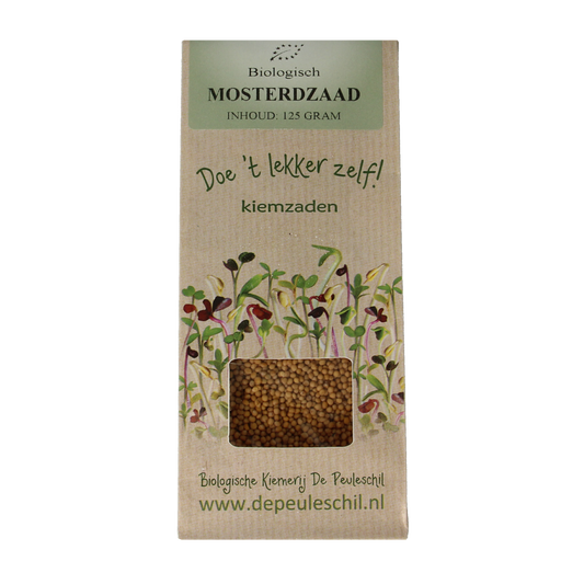 Organic Peuleschil Mustard Seed in 135g container, used as a sauce and flavoring ingredient, shown in a clear image.