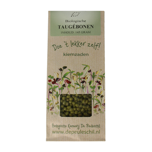 Organic Peuleschil Taugebonen in 145g package, fresh green bean pods for cooking or snacking.