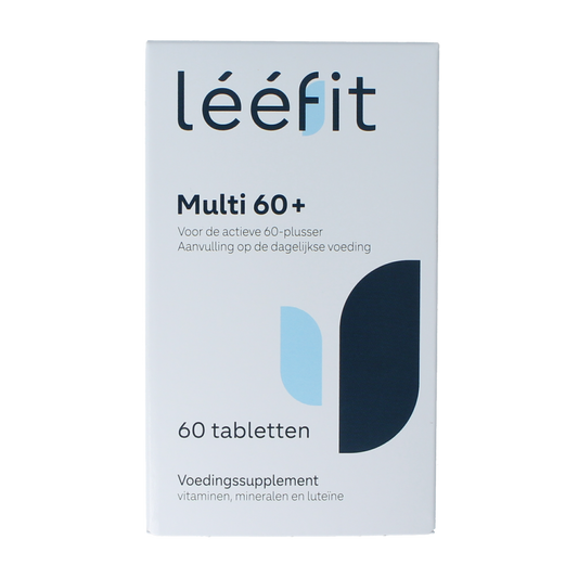 Leefit Multi 60+ multivitamin tablets in a bottle, designed for adults over 60, showing the supplement package and tablets inside.