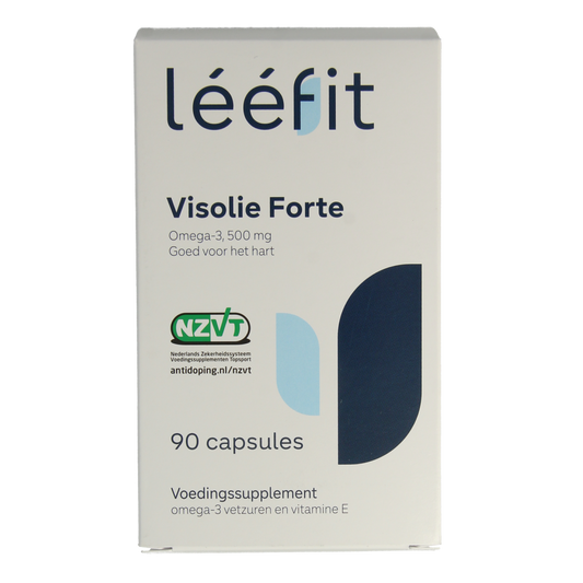 Leefit Visolie Forte omega-3 capsules in a bottle, dietary supplement with healthy fats for overall wellness