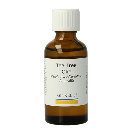 Ginkel's Tea Tree Oil from Australia in a 50ml bottle, natural essential oil with green tea leaves and amber glass bottle.