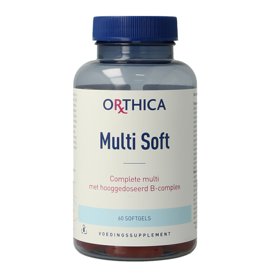 Orthica Multi Soft vitamin softgels in a transparent bottle, showing 60 softgel capsules for daily multivitamin support