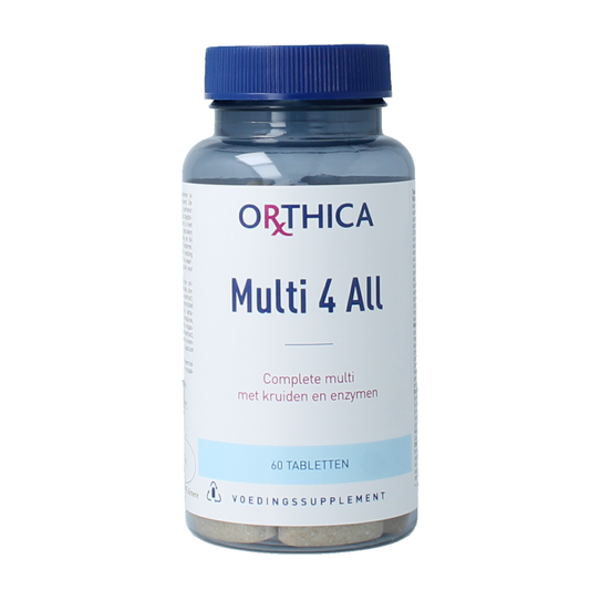 Orthica Multi 4 all vitamin multivitamin tablets in a bottle, dietary supplement for daily health support.
