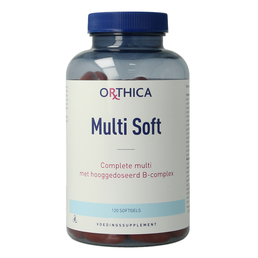 Orthica Multi Soft vitamins in softgel form, 120 count, providing daily multivitamine supplement in a convenient softgel capsule.