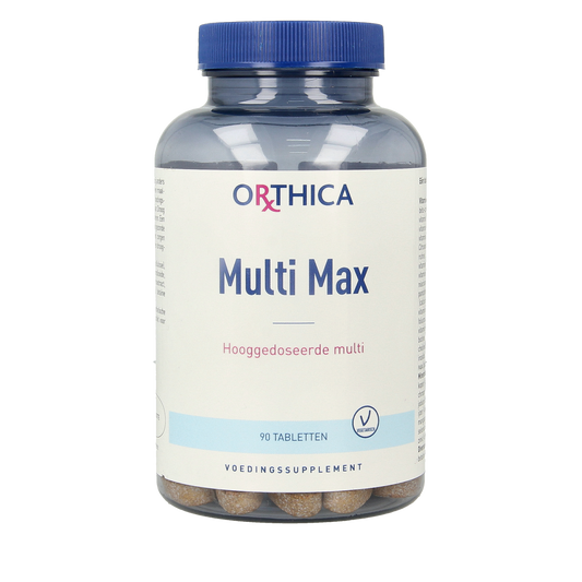 Orthica Multi Max multivitamin tablets in a blister pack, dietary supplement for daily vitamin and mineral intake.