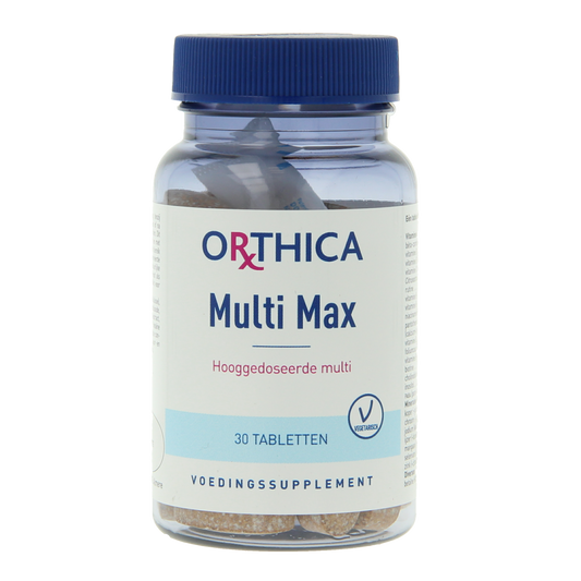 Orthica Multi Max multivitamin tablets in a bottle, dietary supplement for daily vitamin and mineral intake.