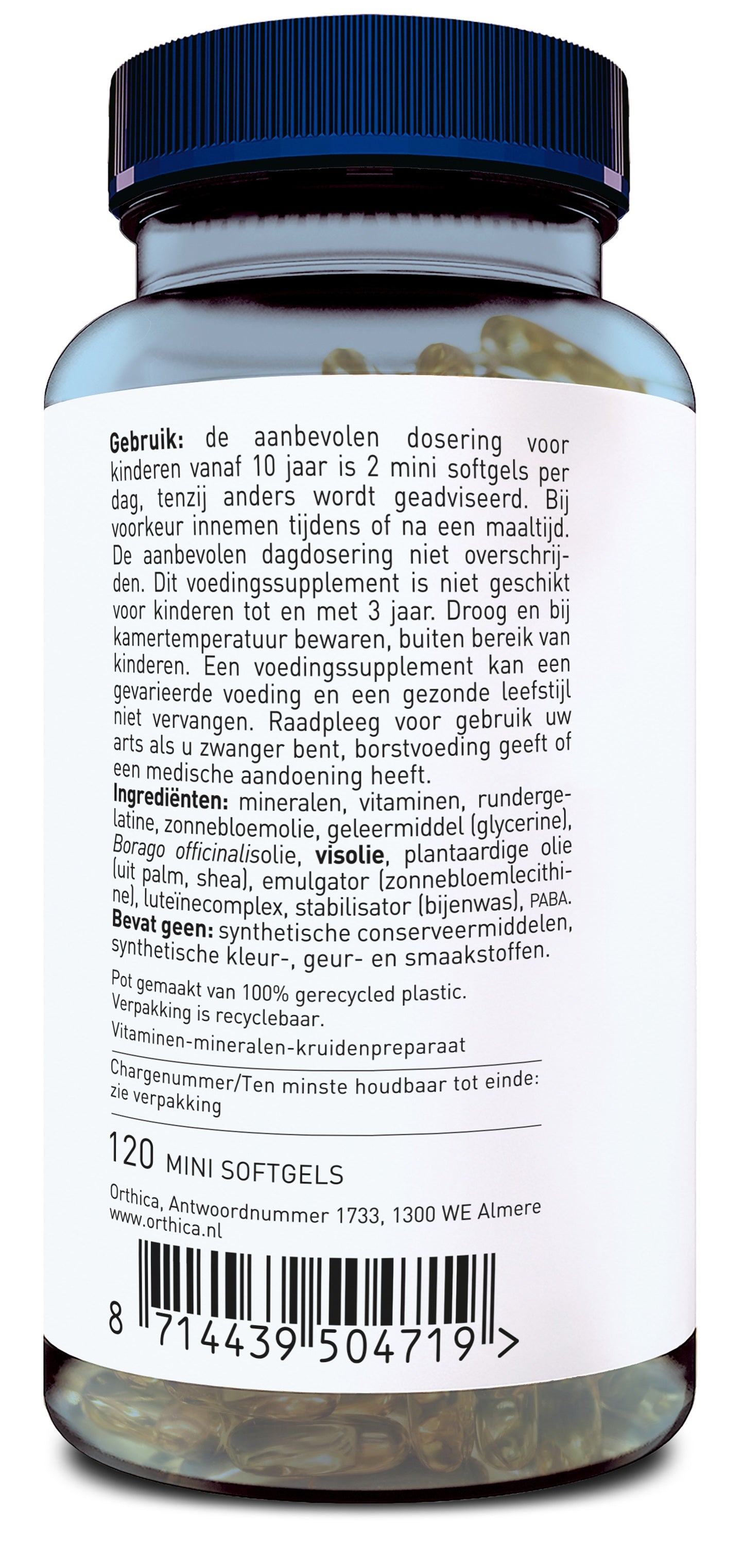 Orthica Multi Tiener softgels dietary supplement bottle with label showing product details and softgel capsules inside.