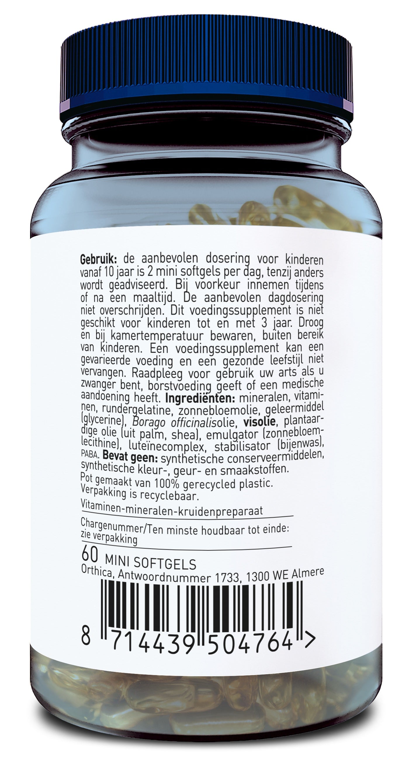 Orthica Multi Tiener softgel capsules, dietary supplement for teenagers, with colorful softgel pills in a bottle.