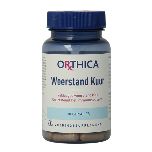 Orthica Weerstand kuur herbal supplement capsules in a bottle, offering natural immune support with 30 capsules for wellness.