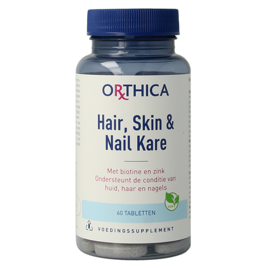 Orthica Hair Skin & Nails multi-vitamin tablets bottle with 60 capsules for hair, skin, and nail health.
