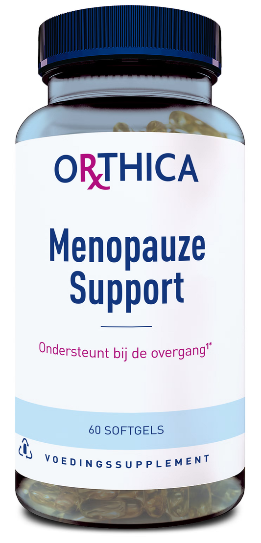 Orthica Menopauze support softgels in a bottle, herbal supplement for menopausal relief, natural herbal remedies by Orthica.