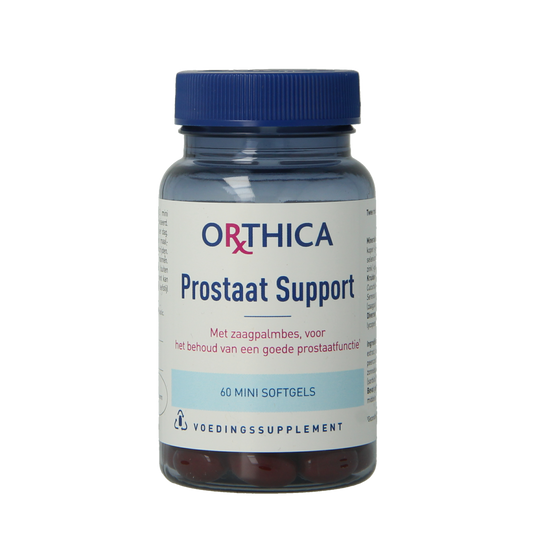 Orthica Prostaat Support capsules, herbal supplement for prostate health, displayed in a bottle with 60 capsules.