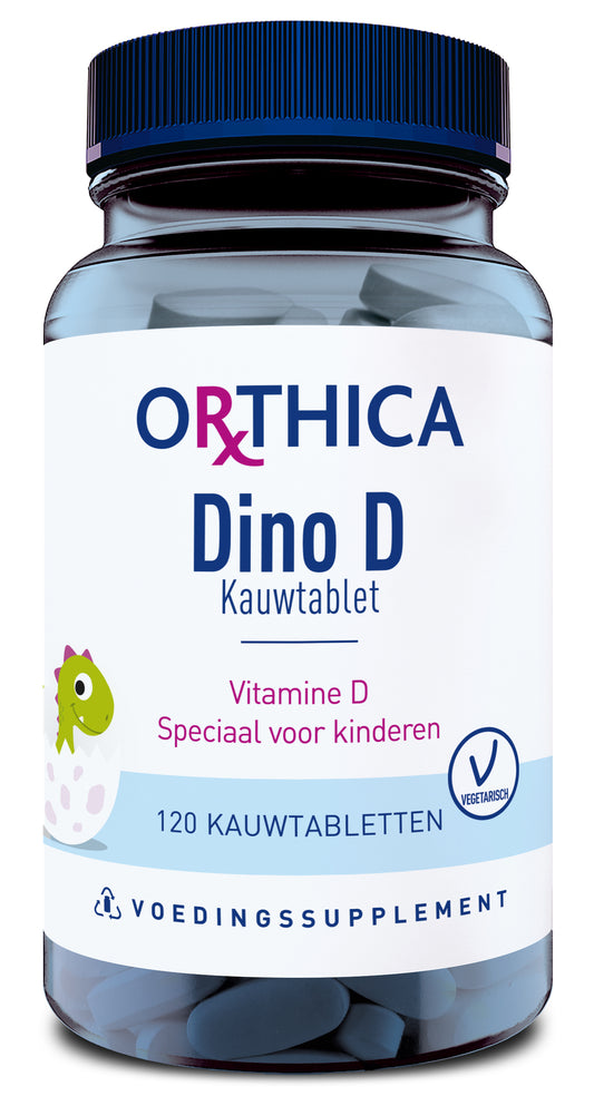 Orthica Dino D 120 chewable vitamin tablets for children, showing a colorful package with cartoon dinosaur design.