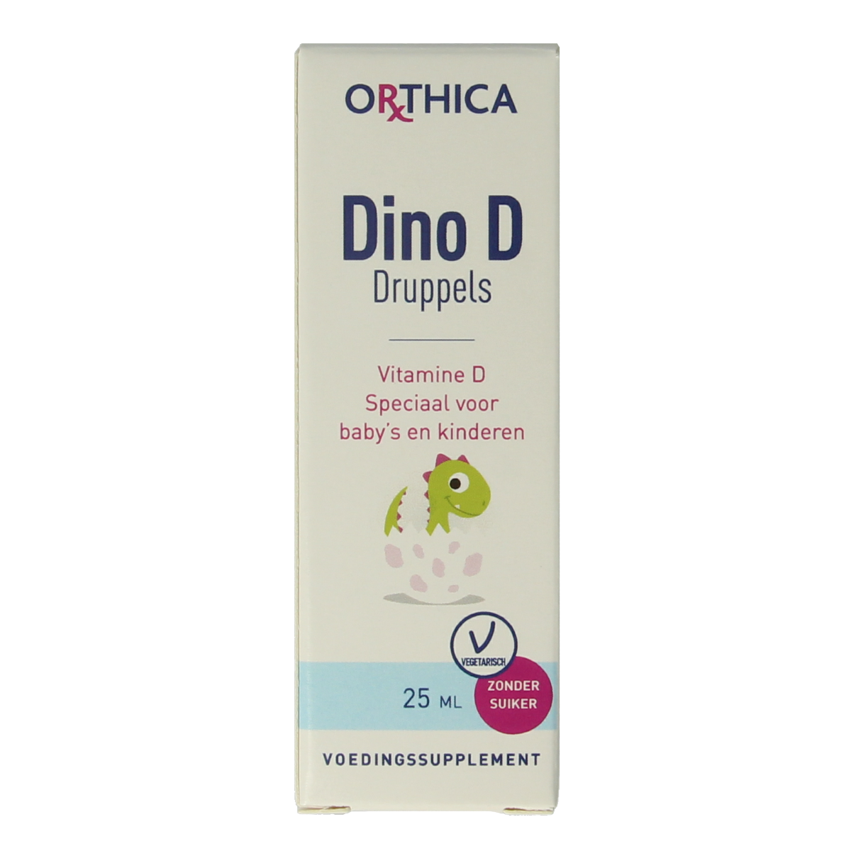 Orthica Dino D vitamin supplement bottle with a white label and orange cap, 25ml size, on a plain background