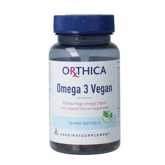 Orthica Omega 3 vegan softgels, Vetzuren supplement with 60 softgel capsules, displayed in a clear container.