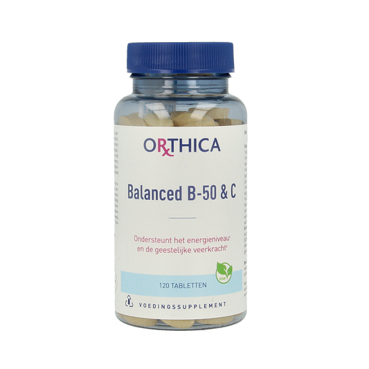Orthica Balanced B50 & C multivitamin tablets bottle with label, showing 120 capsules for immune and energy support.