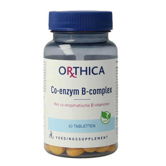 Orthica Co-enzym B complex multivitamin tablets in a bottle, showing 60 capsules for supporting energy and nerve health.