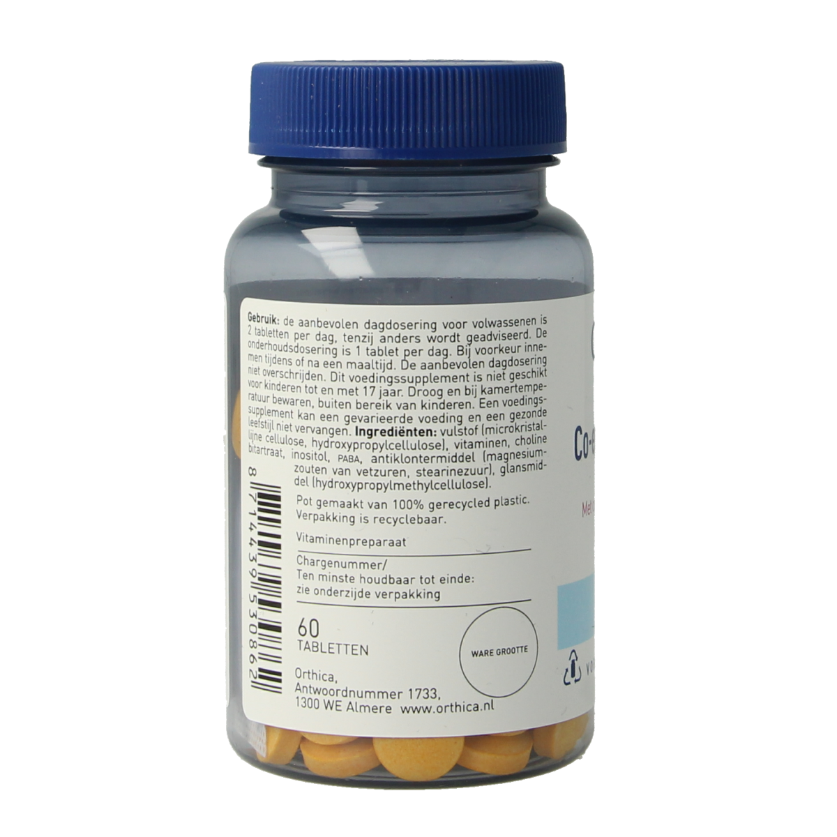 Orthica Co-enzym B complex vitamins in a bottle with 60 tablets, supplement for energy and overall health.