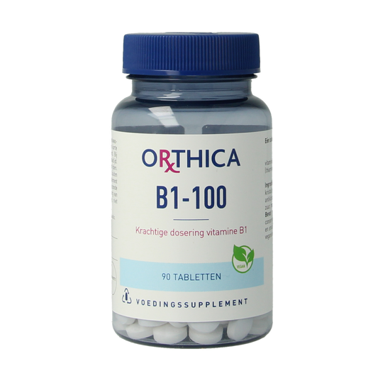 Orthica Vitamine B1 100mg supplement in a bottle of 90 tablets, natural vitamin B1 supplement for daily health.