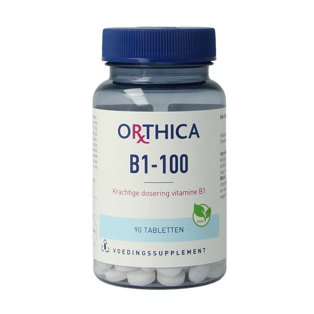 Orthica Vitamin B1 100mg tablets, 90-count, close-up of the supplement bottle with tablets inside.