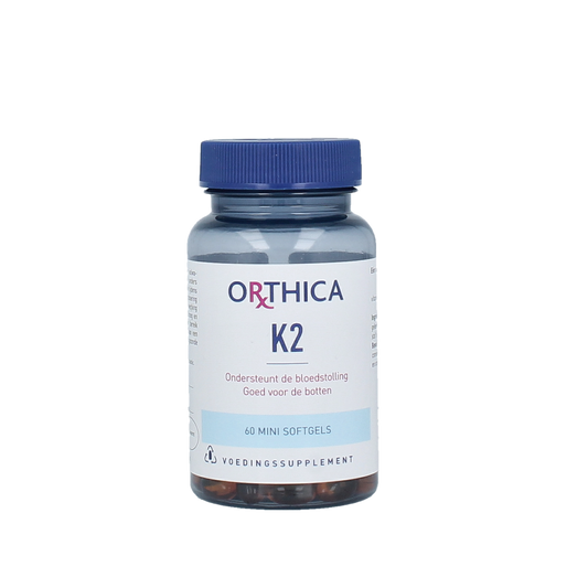 Orthica Vitamin K2 45mcg capsules bottle showing 60 capsules, dietary supplement for bone and cardiovascular health.