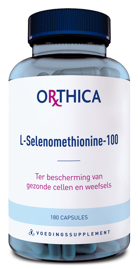 Orthica L-Selenomethionine 100 capsules in a bottle, dietary supplement for mineral support, with label details visible.