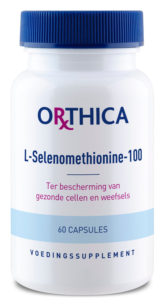 Orthica L-Selenomethionine 100 capsules, mineral supplement bottle with white label and capsules visible inside