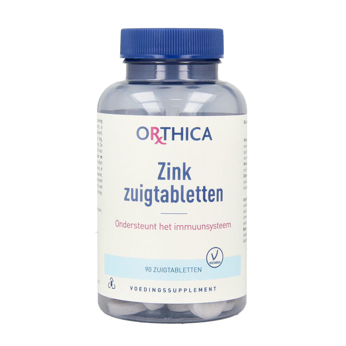 Orthica Zink 90 zinc lozenges in a white container, dietary supplement with mineral tablets for immune support.