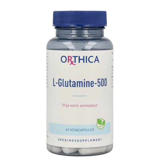 Orthica L-Glutamine 500 vegetarian capsules, dietary amino acids supplement in clear bottle with label.