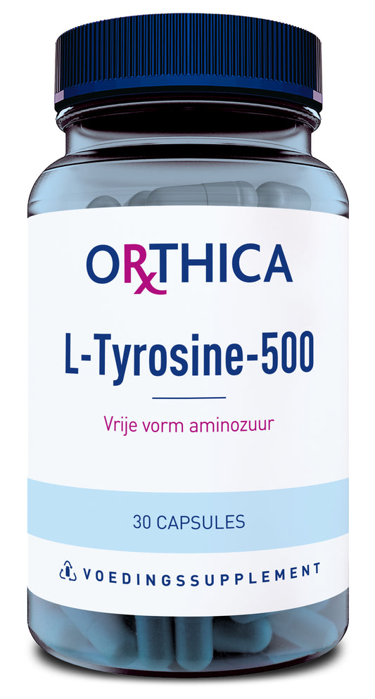Orthica L-Tyrosine 500 amino acid capsules, 30-count, dietary supplement with softgel capsules for mental focus and energy support.