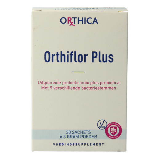 Orthica Orthiflor Plus probiotic sachets with micro-organisms, dietary supplement for digestive health.