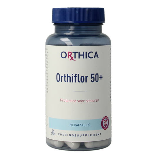 Orthica Orthiflor 50+ senior probiotic capsules containing micro-organisms in a clear bottle with capsules inside.