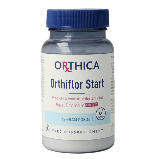 Orthica Orthiflor start 42g micro-organisms supplement in a clear container with label showing probiotic powder.