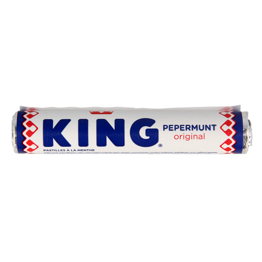 King Pepermunt 1.00 Rol snoepgoed, peppermint flavored candies in a clear plastic roll, branded by King.