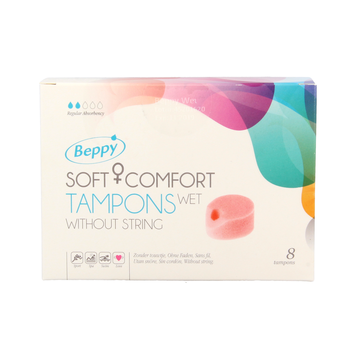 Beppy Soft+ comfort tampons wet, a box of 8, feminine hygiene product for women, featuring discreet packaging and soft applicator