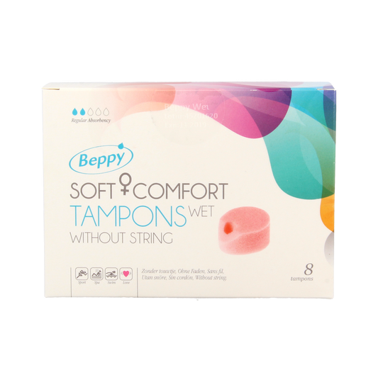 Beppy Soft+ comfort tampons wet, a box of 8, feminine hygiene product for women, featuring discreet packaging and soft applicator