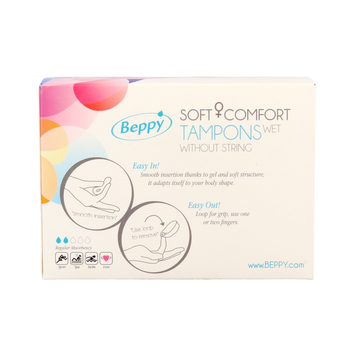 Beppy Soft+ comfort tampons wet, 8-pack, for women, featuring soft applicators and discreet packaging.