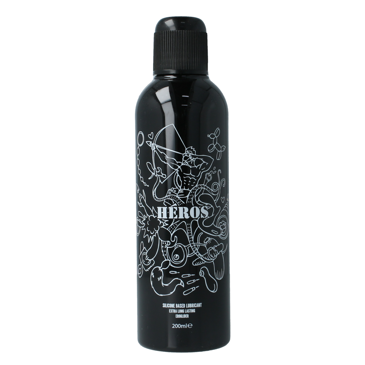 Heros Siliconen glijmiddel in 200ml bottle, smooth lubricant for enhanced comfort and intimacy, with clear plastic packaging.