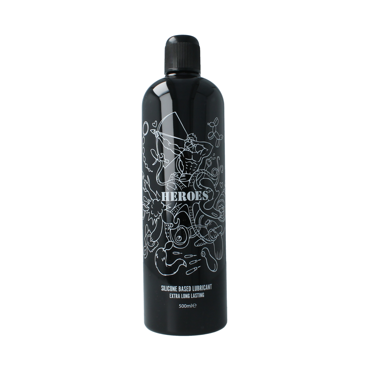 HEROES silicon-based glijmiddel bottle, 500ml, with a sleek design and clear label showing product details and brand.