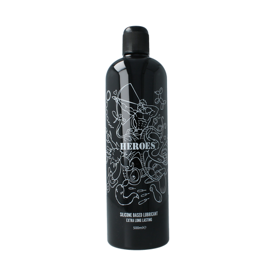 HEROES silicon-based glijmiddel bottle, 500ml, with a sleek design and clear label showing product details and brand.